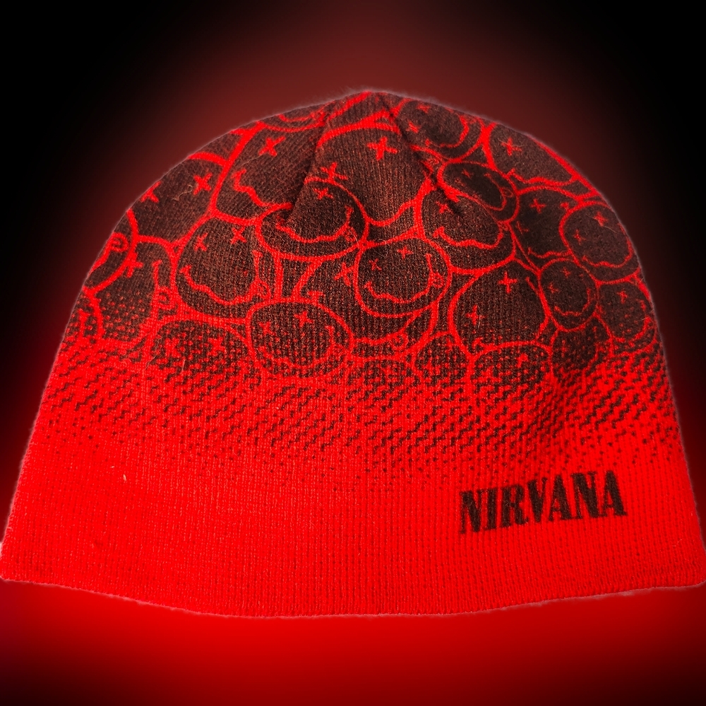 Nirvana Vintage Red and Black Beanie Hat with Band's Logo for Women and Men